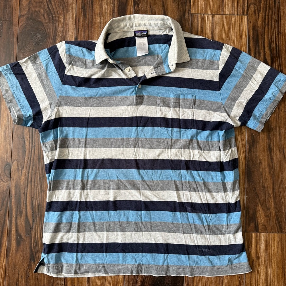 Patagonia Blue and Gray Polo Shirt Casual Striped Design